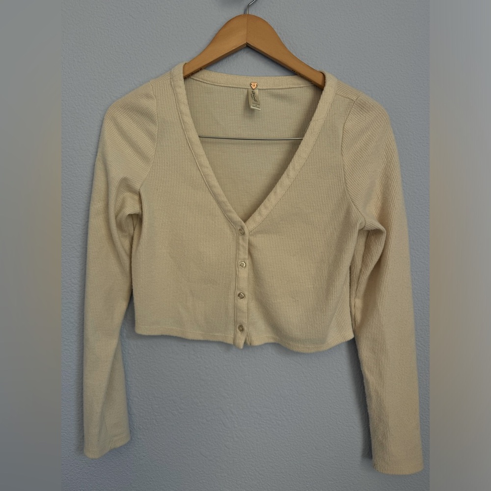 PacSun LA Hearts Cropped Cream Waffle Cardigan